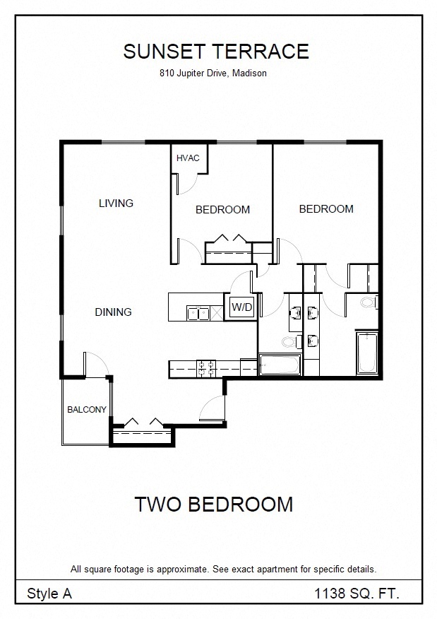 Floor plan for 2 beds, 2 baths, 1138 sqft